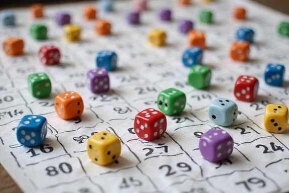 Dice and bingo balls scattered