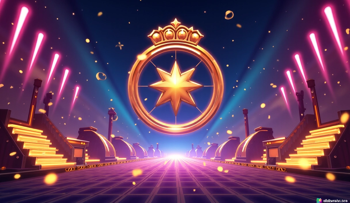 Vibrant, dynamic social casino hero section with neon lights, golden accents, and abstract gaming elements