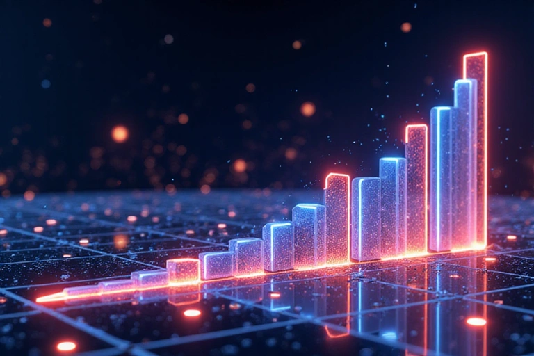 Abstract visualization of a leaderboard with rising bars and glowing lines