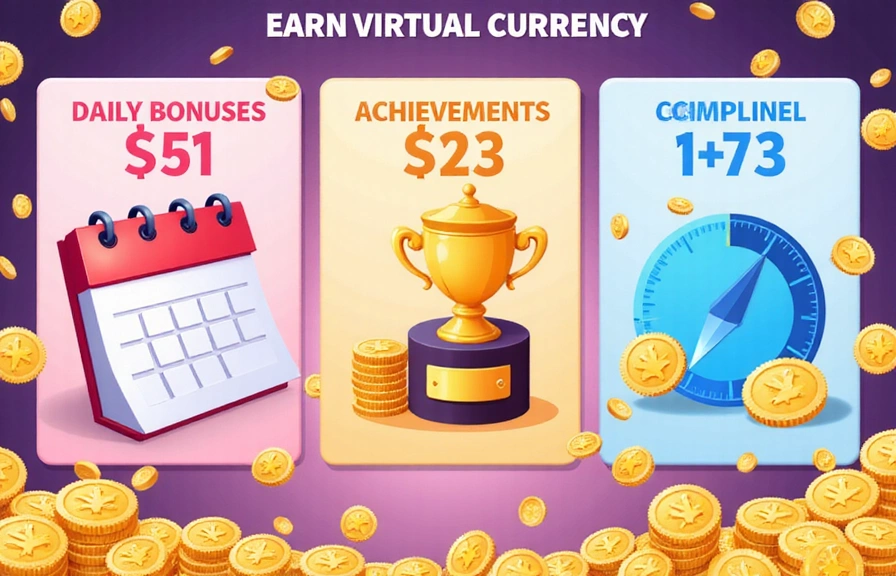 A vibrant graphic depicting various methods of earning virtual currency, including a calendar for daily bonuses, a trophy for achievements, and a progress bar for leveling up, all surrounded by floating virtual coins.