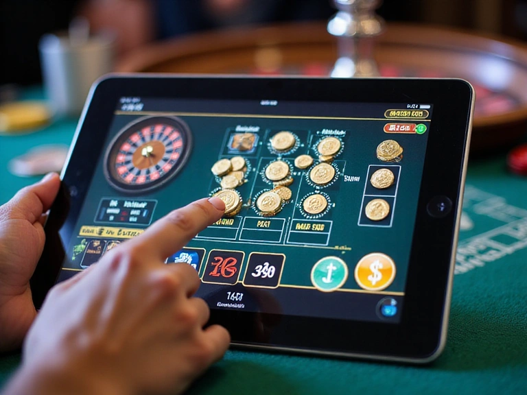 A person's hand interacting with a virtual casino interface on a tablet, showing virtual coins being used for betting on a slot machine, with a roulette wheel and card game in the background, all in a stylized digital environment.