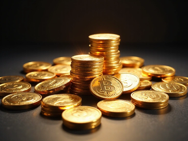 Abstract representation of shining gold and silver virtual coins and chips, stacked and scattered, with a subtle glow, symbolizing digital currency in a gaming context.